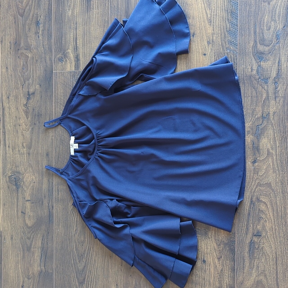 Navy Ruffle Cold Shoulder Party Top